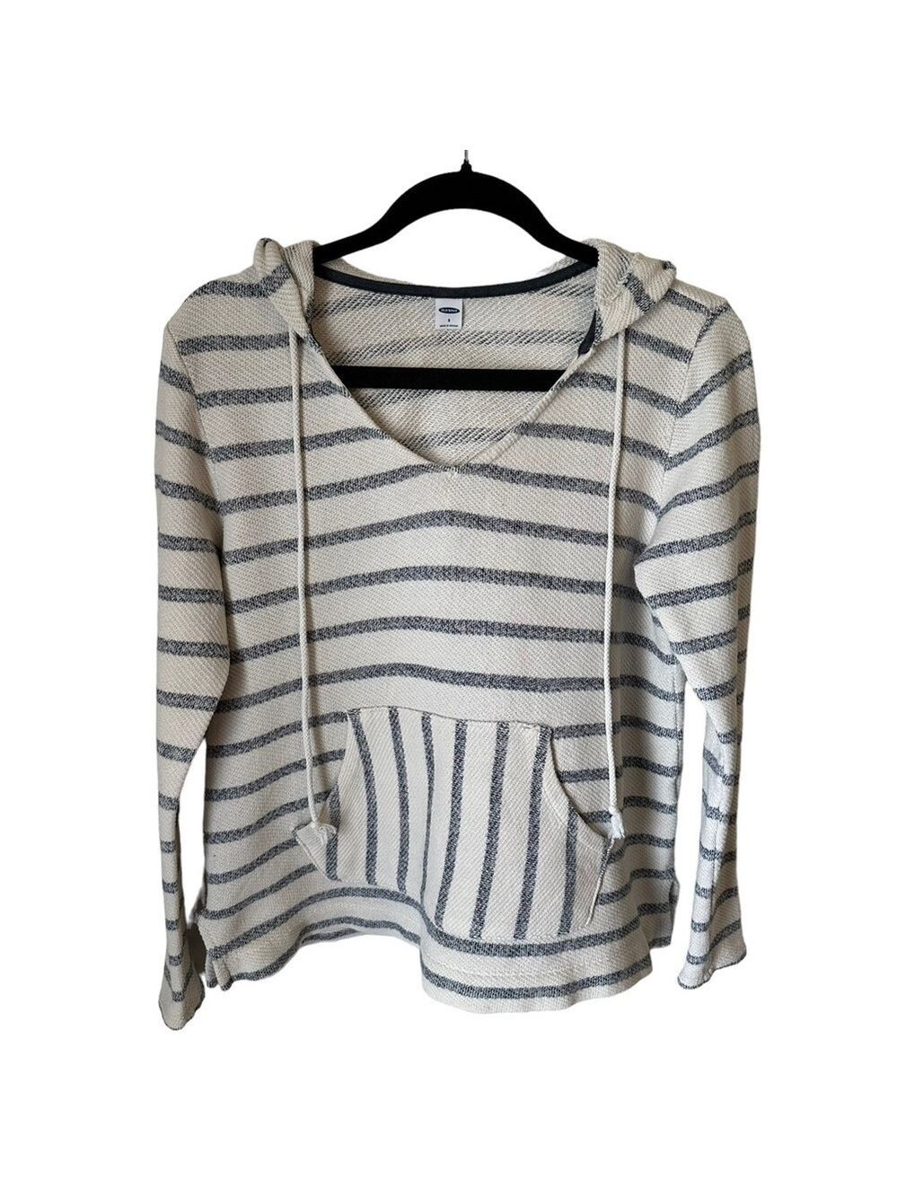 Old Navy White and Blue Striped V-Neck Textured Woven Hoodie Women’s Small